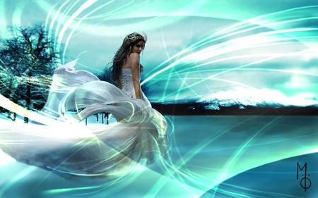 Winter Symphony - lady, swirly lines, mystical, tree, white flowing dress