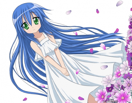 ~Izumi Kanata~ - green eyes, flowers, spring, lucky star, anime, dress, long hair, petals, izumi kanata, blue hair