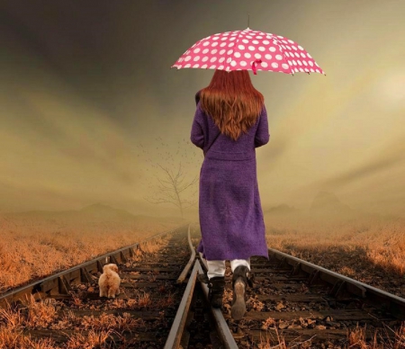 Again and again the life - railway, girl, dog, umbrella, friends, mist