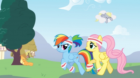 An Afternoon Jog - fluttershy, rainbow dash, cartoons, applejack, my little pony, tv series, cute, derpy hooves