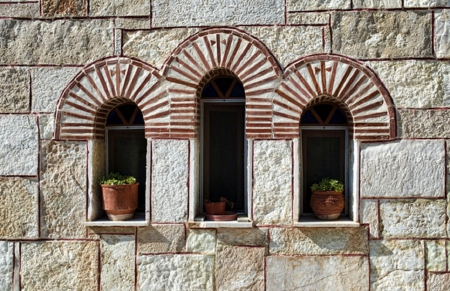 Monastery in France - windows, monastery, france, stones, plants