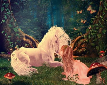 Unicorn Kisses - child, horse, kiss, butterflies