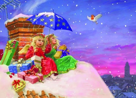 Winter angels - pretty, gifts, angels, snow, stars, umbrella, holiday, roof, view, frost, friends, nice, art, sky, house, covered, beautiful, snowy, lovely, village, girls, christmas, frozen, nature, new year, painting, cold