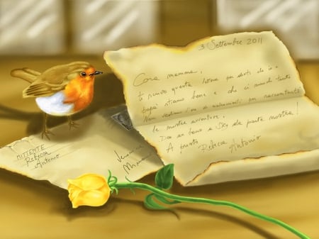 Letter - nice, room, rose, painting, art, yellow, pretty, petals, cute, love, adorable, lovely, bird, letter, chicken, beautiful, animal, leaves, sweet, words