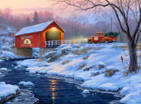 Holiday traditions - traditions, creek, snow, forest, light, eve, reflection, shore, holiday, car, frost, nice, art, sky, covered, winter, beautiful, snowy, lovely, tree, christmas, river, ice, frozen, nature, noel, new year, painting, cold, day, bridge