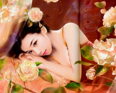 Pretty Asian - flowers, lying, Asian, woman