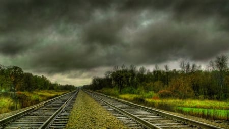 straight rail tracks to the horizon hdr - clouds, tracks, rail, hdr, bushes