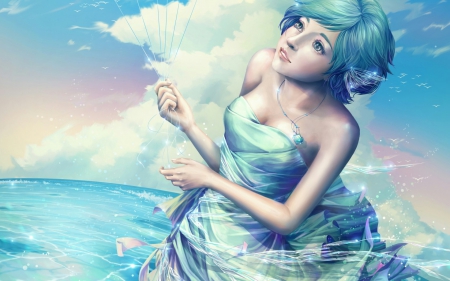 Fantasy girl - woman, girl, water, summer, fantasy, wind, cloud, blue, pink, sea