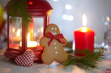 Merry Christmas - gingerbread, heart, photography, candle, holidays, sweet, lantern, christmas, red, cookies, cute