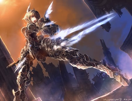 warrior girl - pretty, anime, warrior, ligth, girl, sword, armor, elf, hq