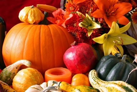 Autumn Harvest - lilies, autumn, candle, pumpkin, pomegranate, thanksgiving, fruit, fall, squash, corn, flowers