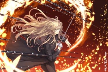 Kujyo Narukami - glasses, long hair, fire, art, green eyes, cool, blonde hair, game, petals, weapon, smile, sword, kujyo narukami, awesome