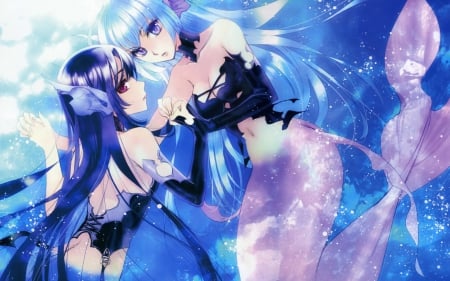 Sisters - pretty, anime, female, long hair, purple eyes, pink eyes, beauties, mermaid, blue hair, nice, anime girls, dark hair, beautifrl, game, water, cool, sweet, light hair, awesome, sister, sexy