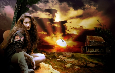 Cowgirl in the Sunset - female, beautiful, photography, manipulation, photoshop, girl, cg, fantasy, digital, woman, art