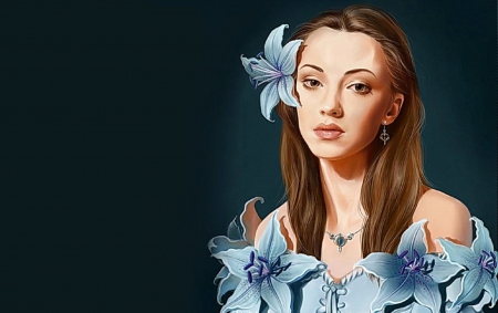 Girl with Blue Lillys - female, blue, beautiful, serene, girl, beauty, lovely, lillys, flowers, fantasy, digital, woman, face, art