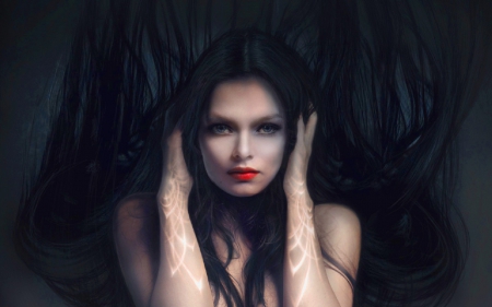 Darkness is all Around - woman, face, art, girl, beautiful, digital, black, fantasy