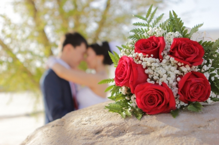 Love Bouquet - wedding bride, beauty, red roses, couple, love, bouquet