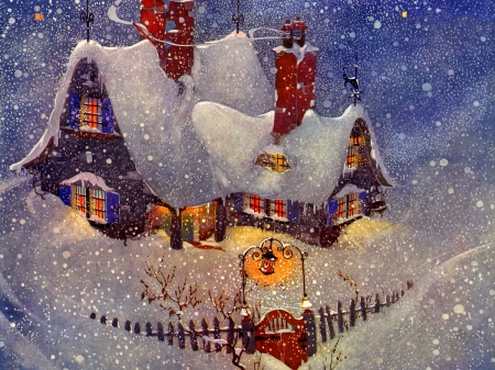 Winter cottage - pretty, quiet, snowflakes, snow, home, calmness, countryside, holiday, view, nice, art, cottage, house, covered, winter, beautiful, snowy, lovely, fence, village, christmas, nature, lights, new year, painting, serenity, peaceful