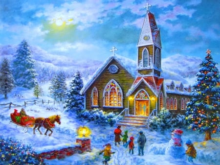 Santa Claus in Christmas eve - pretty, fun, gifts, magic, snow, eve, church, joy, santa claus, holiday, frost, nice, art, cottage, sky, house, winter, decoration, beautiful, snowy, lovely, tree, village, christmas, frozen, noel, horses, lights, new year, painting, cold, peaceful