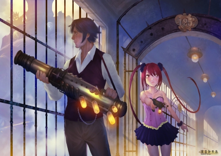 Patrol - anime, female, landscape, long hair, male, pink eyes, short hair, weapon, nice, pink hair, anime boy, brown eyes, anime girl, game, skirt, gun, pixiv fantasia, beauty, cool, cg, awesome, couple, lovers