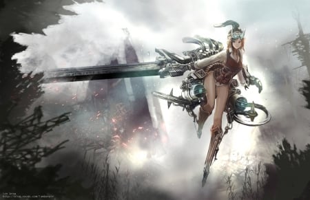 Let's finish this - nice, gun, beauty, female, brown eyes, anime girl, fire, brown hair, art, pretty, game, cool, dark, anime, short hair, cg, fight, beautiful, weapon, sweet, smile, awesome, pixiv fantasia