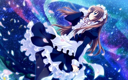 My Lord - nice, sky, aurora borealis, female, anime girl, brown hair, cool, petals, anime, cute, stars, light, blue eyes, long hair, smile, flowers, awesome, blush, maid