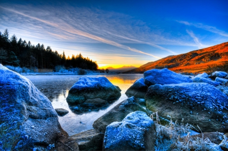 Winter landscape - nice, sky, rocks, view, cold, river, frozen, ice, lake, hills, landscape, mountain, winter, lovely, nature, glow, snow, beautiful, frost, stones