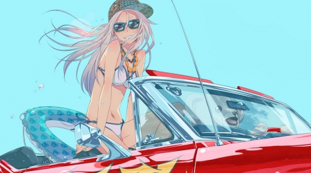 Summer in the car - anime, by, car, season, sea, lovely