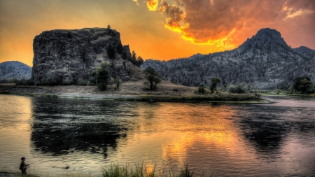 fishing on a gorgeous river at sunrise hdr - river, clouds, hdr, sunrise, fisheman, cliffs