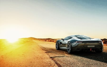 spectacular aston martin - yellow, car, road, sunrise