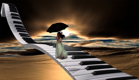 Music - keyboard, voman, umbrella, bacground, sky