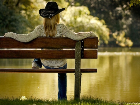 Cowgirl - women, fun, famous, trees, female, water, hats, cowgirls, western, lakes, pretty, rivers, style, fashion, rodeo, outdoors, benches, blondes, beautiful, ranch