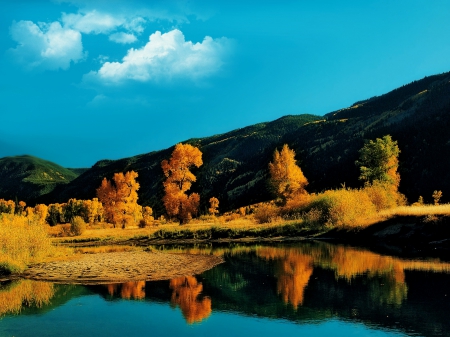 Autumn by the Pond - clouds, Autumn, trees, water, pond, Fall