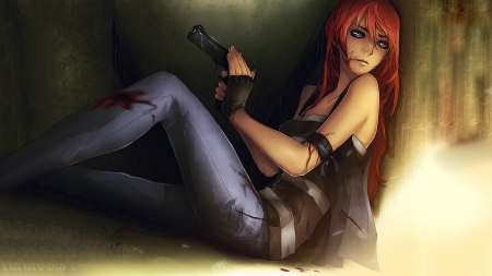 I KILL YOU - beauty, nice, gun, female, anime girl, fantasy, game, cool, pretty, anime, sexy, warrior, blue eyes, long hair, blood, red hair, cg, beautiful, weapon, awesome