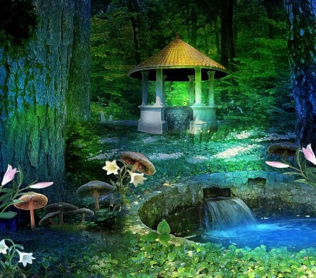 ★Le Bassin Bleu★ - water, attractions in dreams, creative pre-made, beautiful, backgrounds, premade BG, leaves, flowers, nature, gazebo, mushrooms, love four seasons, blue dreams