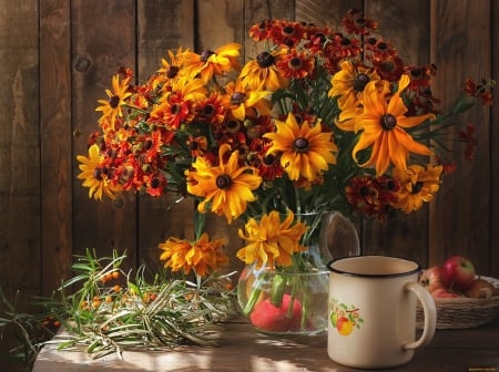 Autumn Still Life - flowers, berries, pitcher, basket, Autumn, apples, Fall, cup