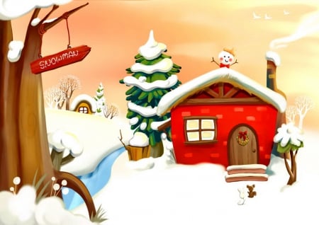 Christmas - winter, n ice, beautiful, cottage, snowman, christmas, holiday, santa, lovely, house, tree, snow, new year