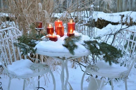 Christmas Candles - nature, snow, candles, table, winter, chairs, garden, christmas