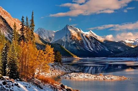 Between autumn and winter - nice, sky, autumn, trees, rocks, calm, fall, quiet, reflection, clouds, color, cliffs, lake, landscape, mountain, winter, lovely, serenity, nature, snow, beautiful