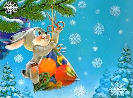 Christmas bunny - pretty, magic, snowflakes, snow, joy, holiday, art, smiling, rabbit, trees, beautiful, balls, bunny, sweet, tree, christmas, funny, new year, painting, cute