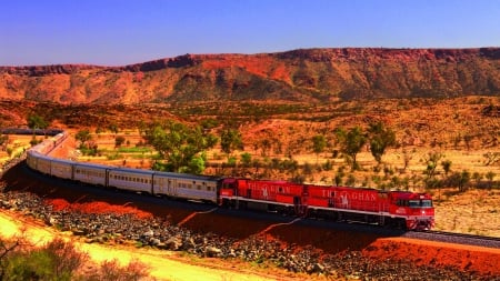 The Ghan - vehicles, landscape, transportation, trains, desert, mountains