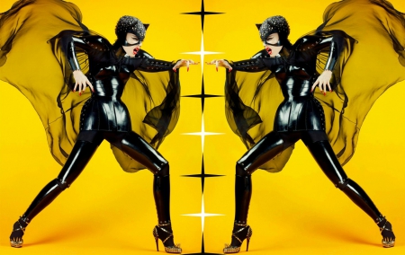 Coco Rocha - stiletto, yellow, by cehenot, collage, girl, black, coco rocha, model, cat woman