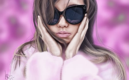 Girl with sunglasses - white, girl, pink, sunglasses, fantasy