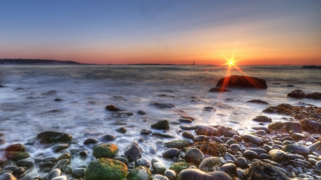 gorgeous rocky shore at sunset hdr - lighthouse, moss, hdr, shore, sunset, sea, rocks