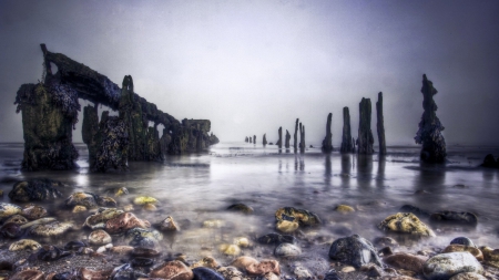 pier ruins on a rocky shore hdr - shore, mist, hdr, sea, stones, pier, ruins