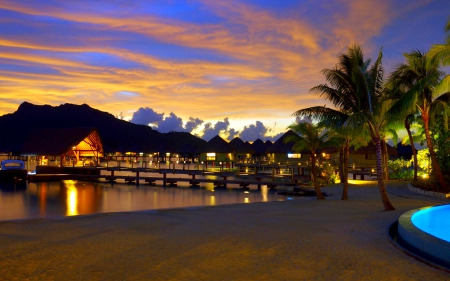 TROPICAL ISLAND - bungalows, water, hot, ocean, sand, Bora Bora, islands, tropical, palm trees, trip