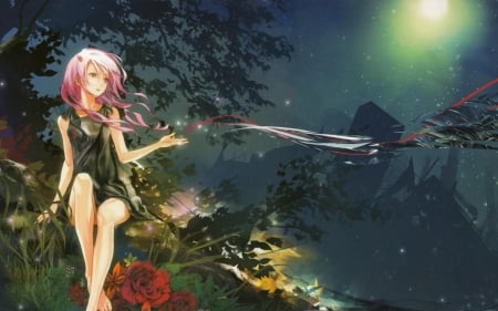 Guilty Crown - Nature, Guilty Crown, Pink Hair, Legs, Rose, Red Rose, Girl, Long Hair, Cant think of a fourth, GC