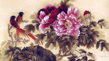 Peonies and Birds Oriental - painting, peonies, floral, oriental, japanese, flowers, chinese, birds