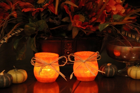 Autumn~Thanksgiving Decor - bows, pumpkins, autumn, fall, candles, thanksgiving, flowers, gourds