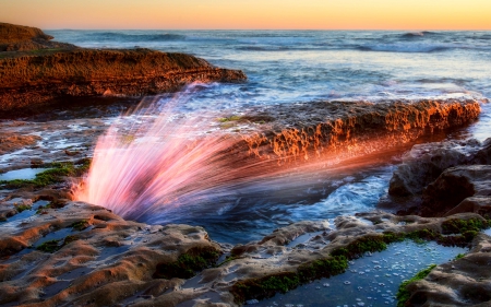 SUNSET SPLASH - san diego, beach, ocean, pacific, water, sunset, la jolla, wave, hdr, rock, sand, dusk, splash